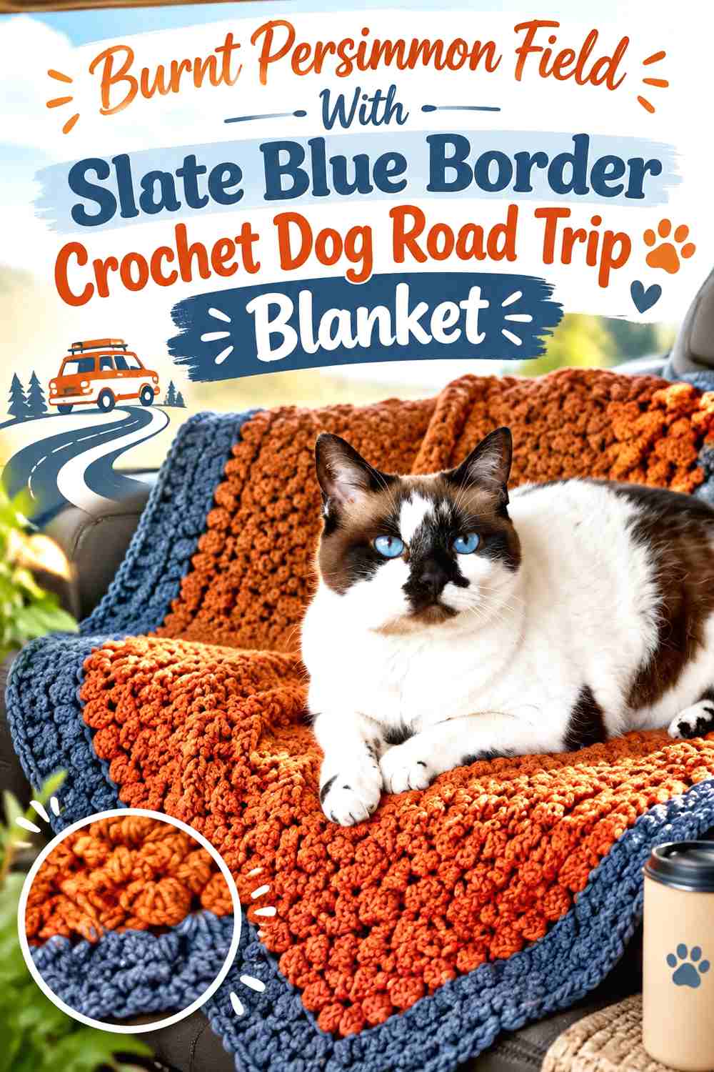 Burnt Persimmon Field With Slate Blue Border Crochet Dog Road Trip Blanket