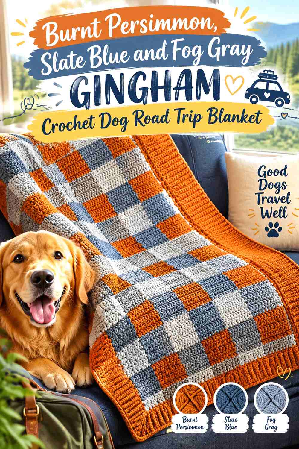 Burnt Persimmon, Slate Blue and Fog Gray Gingham Crochet Dog Road Trip Blanket