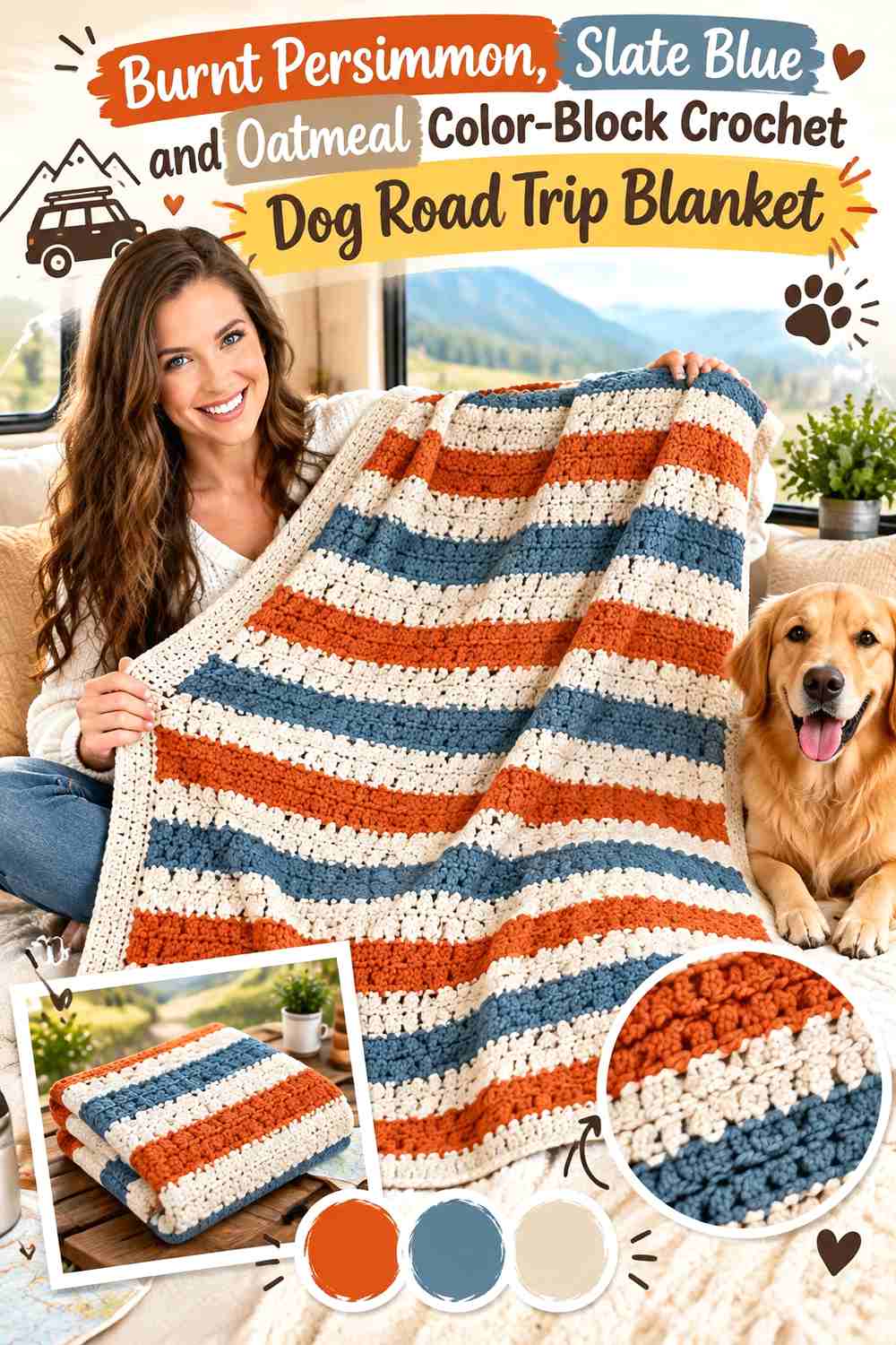 Burnt Persimmon, Slate Blue and Oatmeal Color-Block Crochet Dog Road Trip Blanket