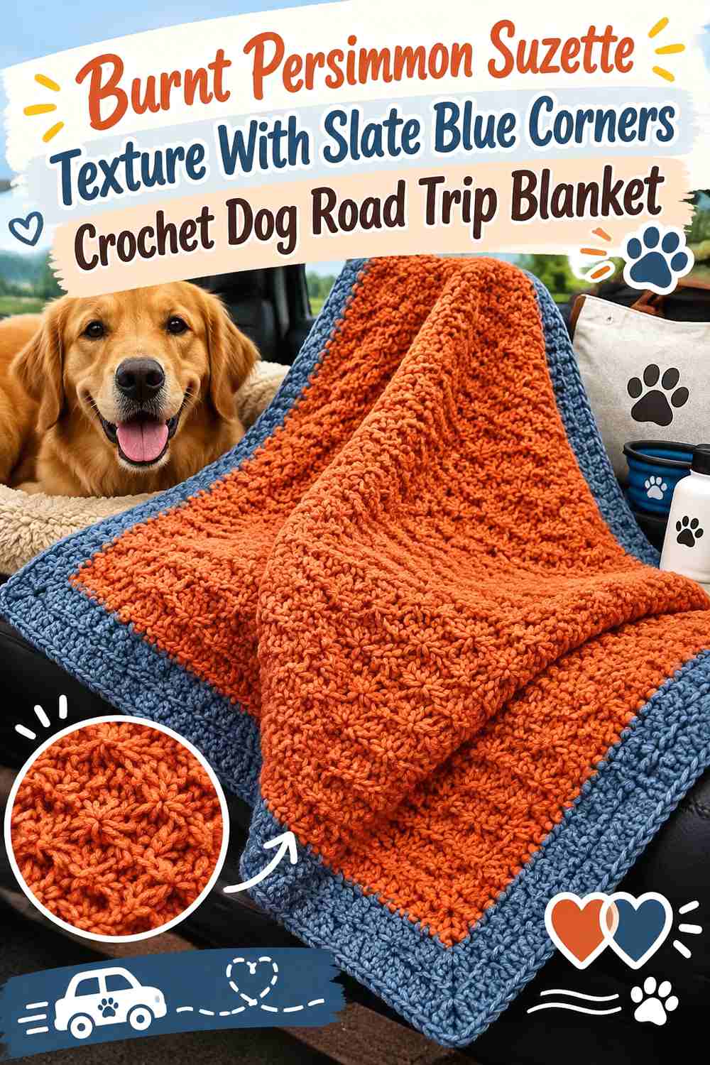 Burnt Persimmon Suzette Texture With Slate Blue Corners Crochet Dog Road Trip Blanket