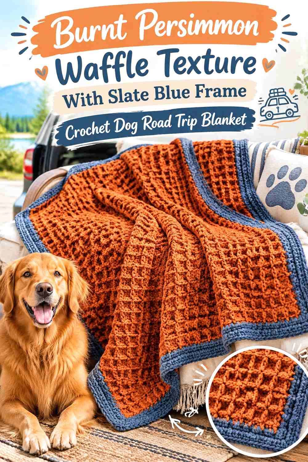 Burnt Persimmon Waffle Texture With Slate Blue Frame Crochet Dog Road Trip Blanket