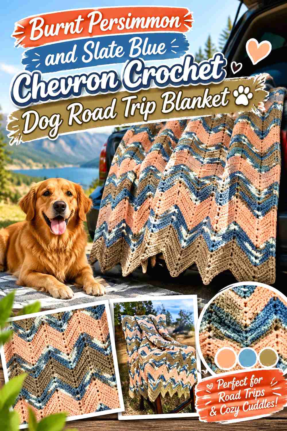 Burnt Persimmon and Slate Blue Chevron Crochet Dog Road Trip Blanket