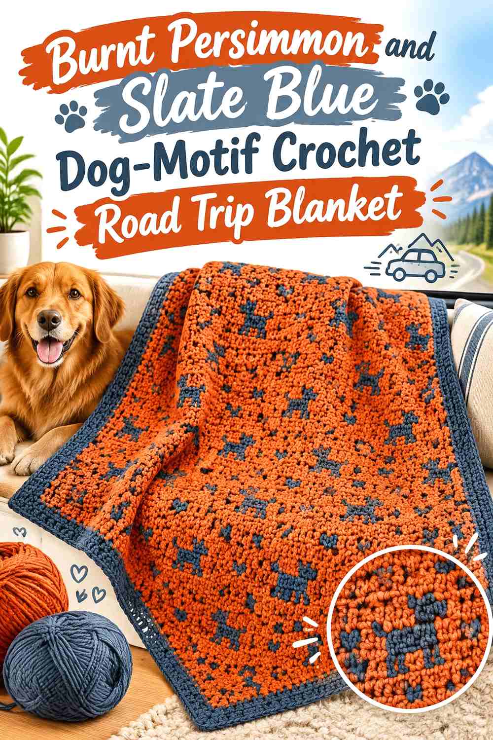 Burnt Persimmon and Slate Blue Dog-Motif Crochet Road Trip Blanket
