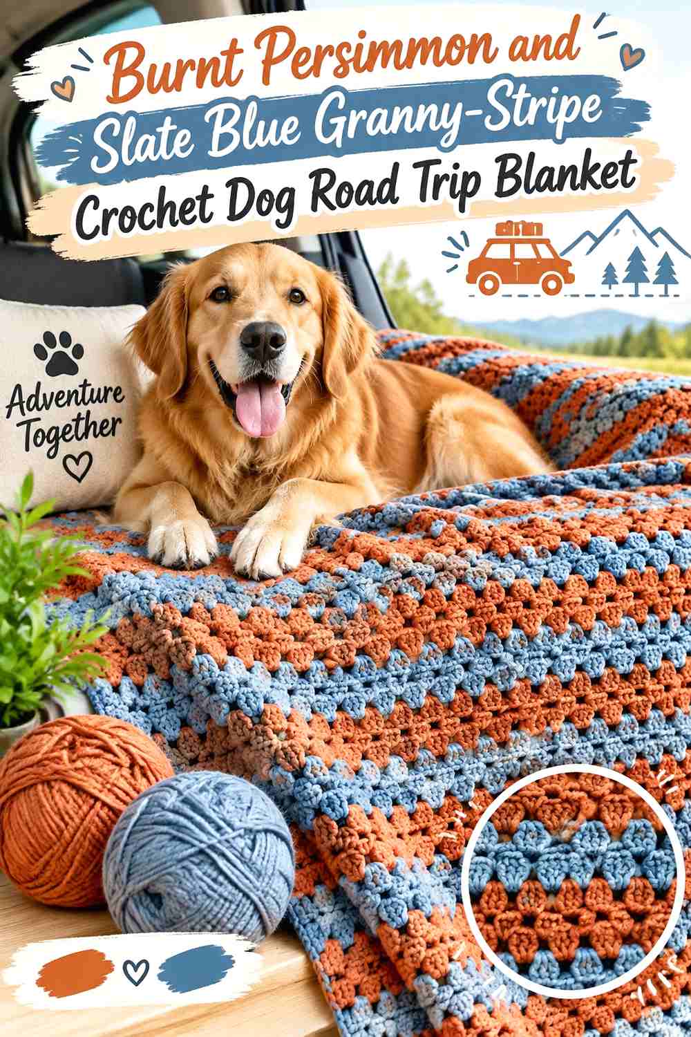 Burnt Persimmon and Slate Blue Granny-Stripe Crochet Dog Road Trip Blanket