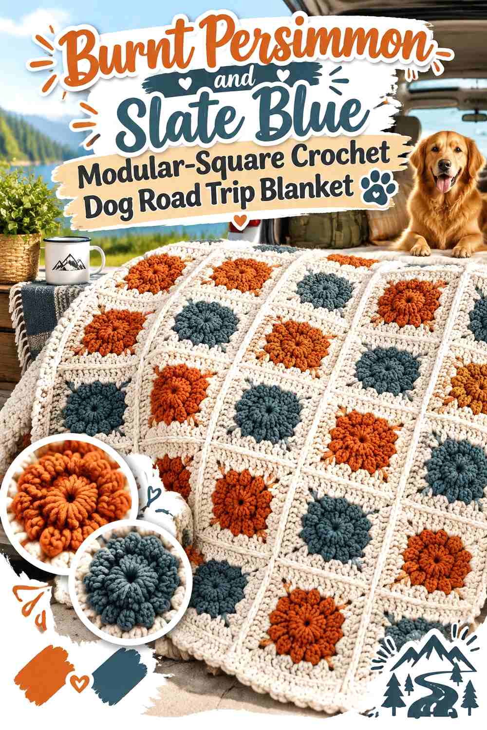 Burnt Persimmon and Slate Blue Modular-Square Crochet Dog Road Trip Blanket