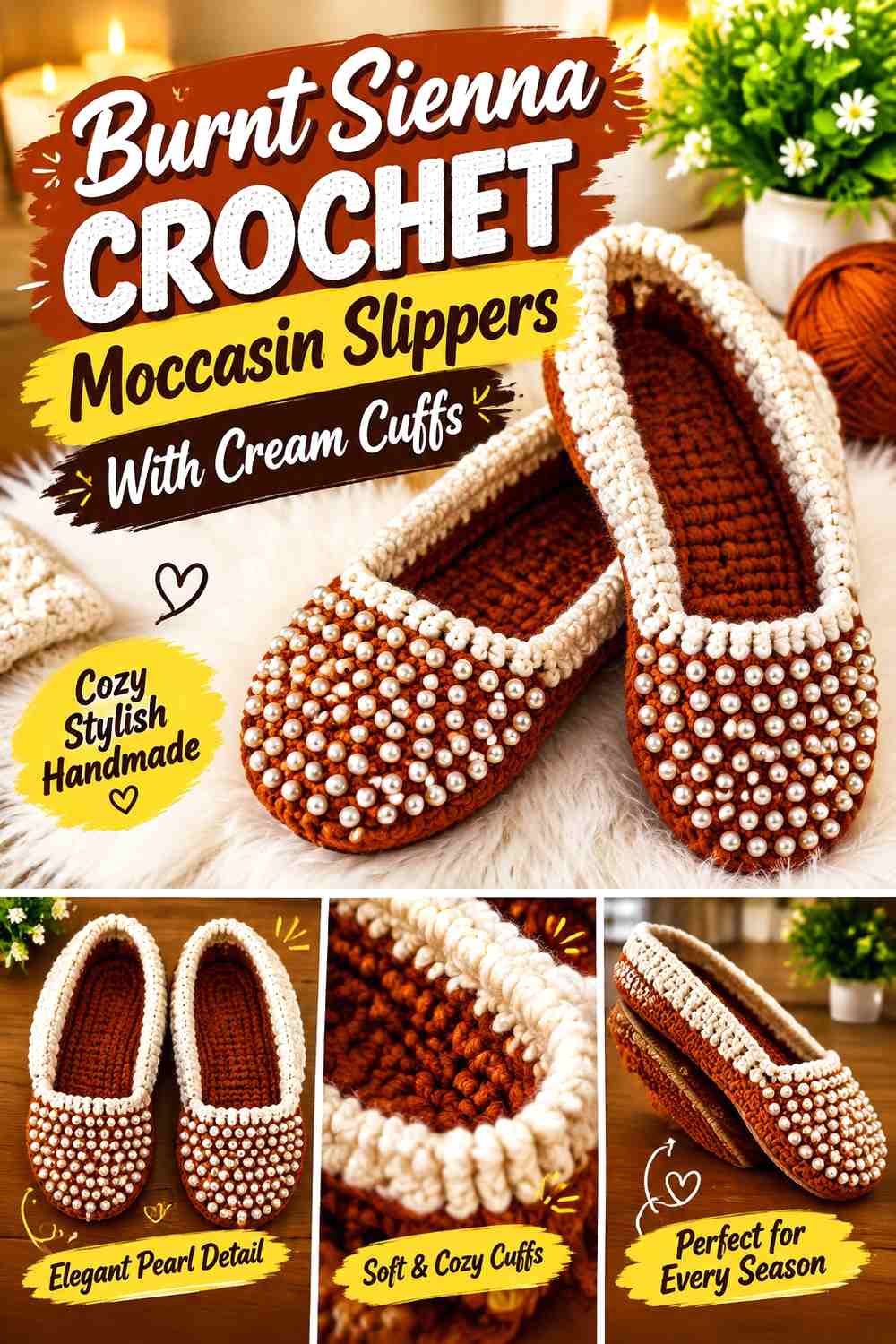 Burnt Sienna Crochet Moccasin Slippers With Cream Cuffs