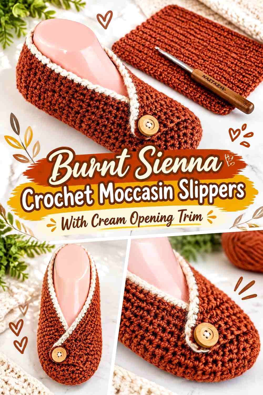 Burnt Sienna Crochet Moccasin Slippers With Cream Opening Trim