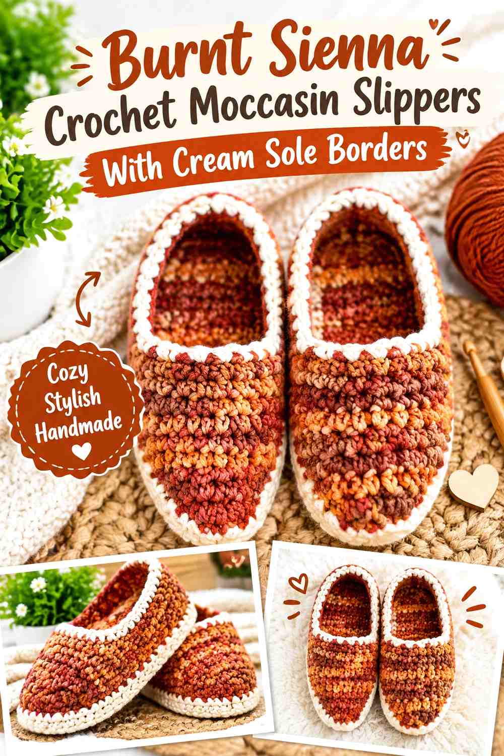 Burnt Sienna Crochet Moccasin Slippers With Cream Sole Borders