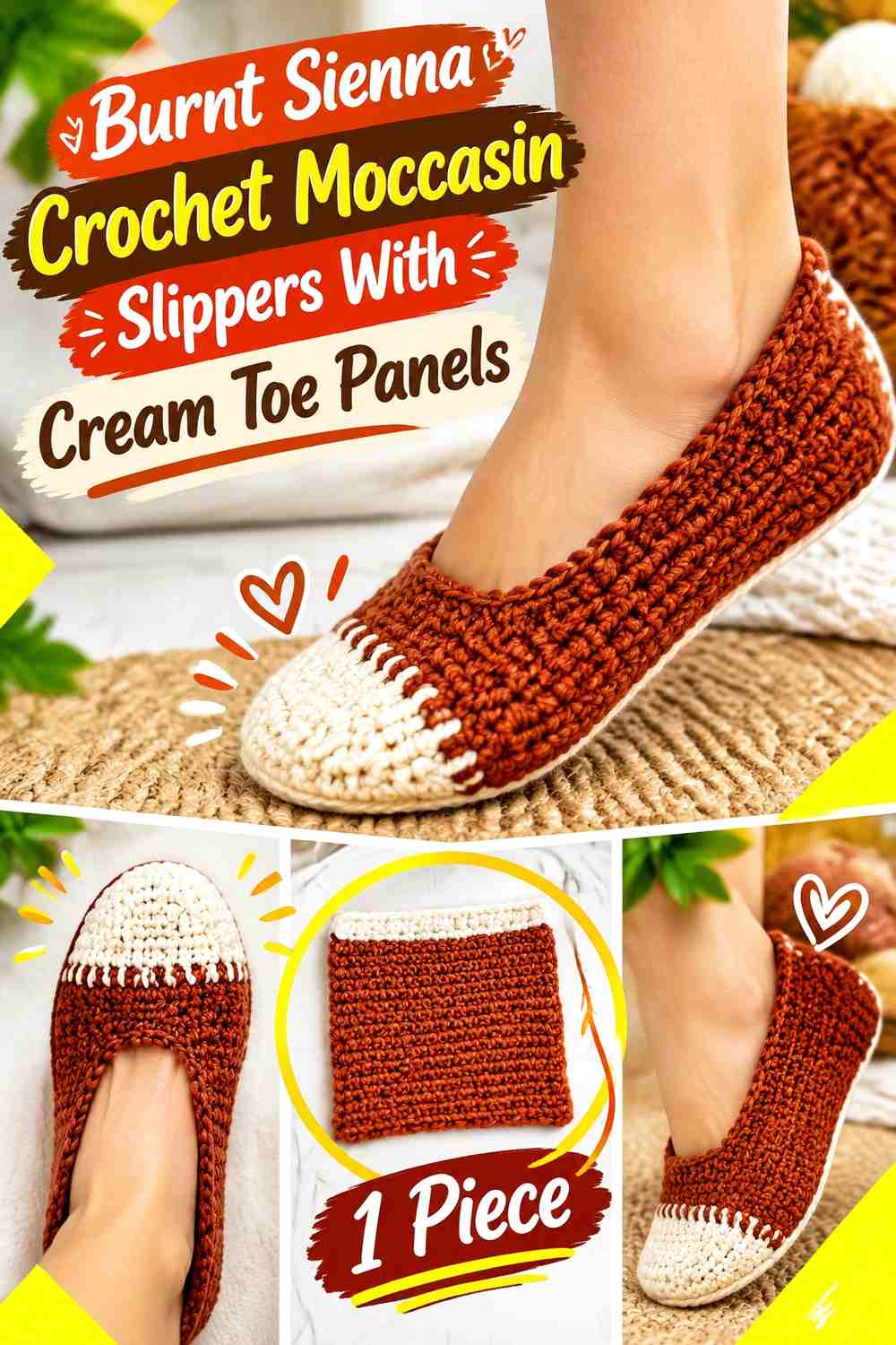 Burnt Sienna Crochet Moccasin Slippers With Cream Toe Panels
