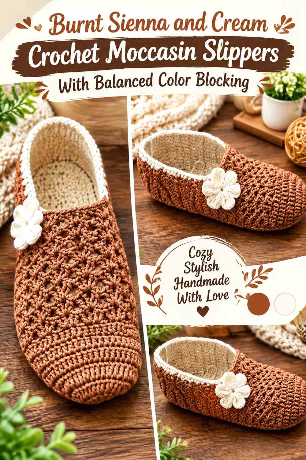 Burnt Sienna and Cream Crochet Moccasin Slippers With Balanced Color Blocking
