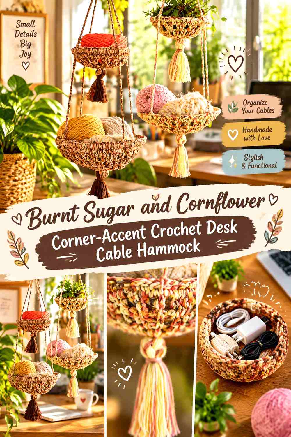 Burnt Sugar and Cornflower Corner Accent Crochet Desk Cable Hammock