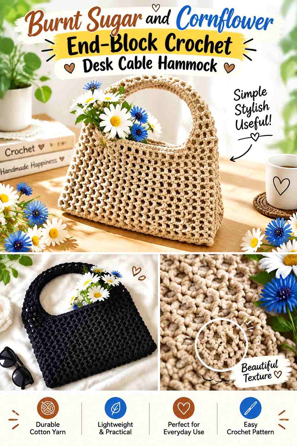 Burnt Sugar and Cornflower End Block Crochet Desk Cable Hammock