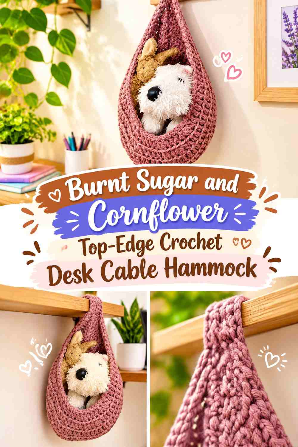 Burnt Sugar and Cornflower Top Edge Crochet Desk Cable Hammock