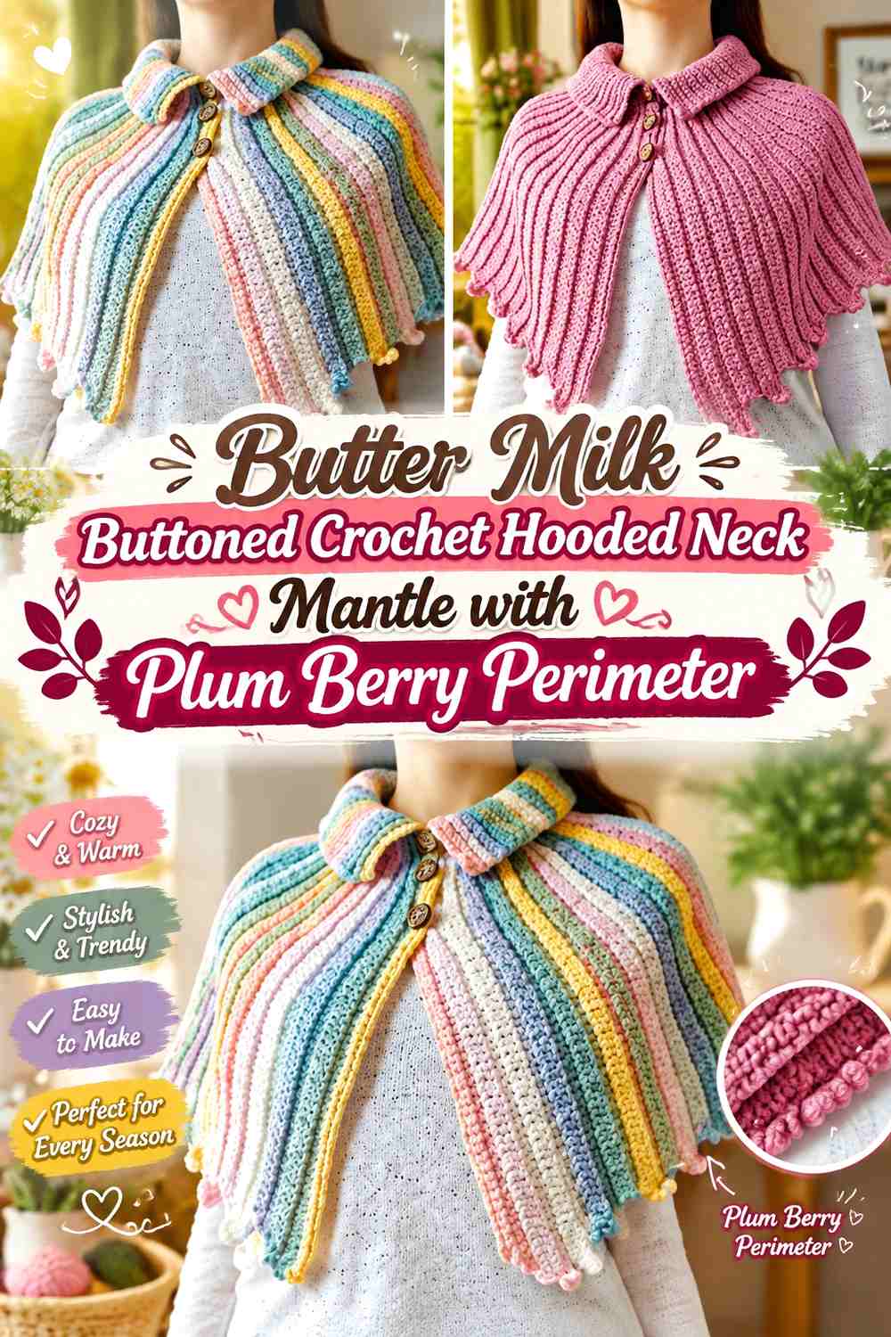 Butter Milk Buttoned Crochet Hooded Neck Mantle with Plum Berry Perimeter