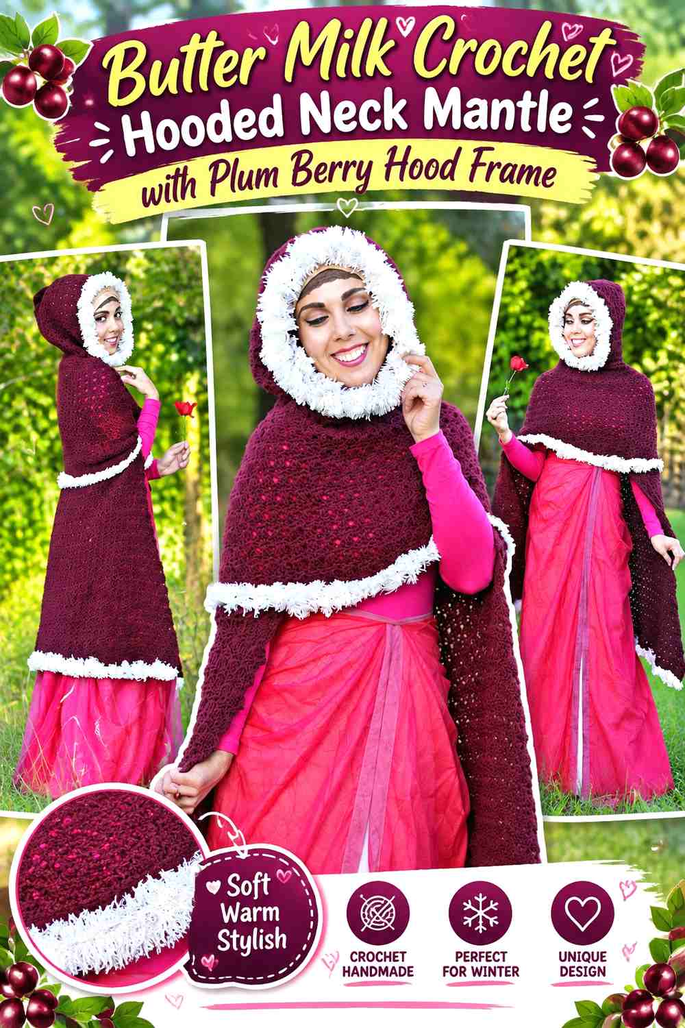 Butter Milk Crochet Hooded Neck Mantle with Plum Berry Hood Frame