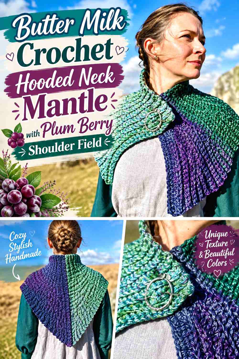Butter Milk Crochet Hooded Neck Mantle with Plum Berry Shoulder Field