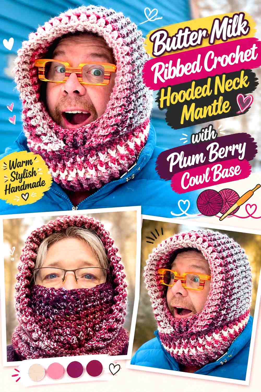 Butter Milk Ribbed Crochet Hooded Neck Mantle with Plum Berry Cowl Base