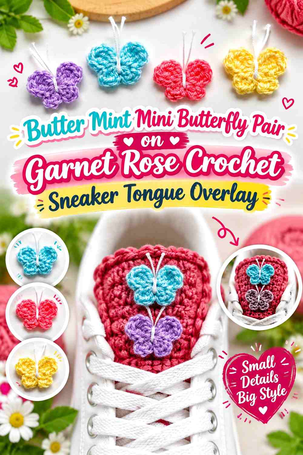 Butter Mint Mini Butterfly Pair on Garnet Rose Crochet Sneaker Tongue Overlay