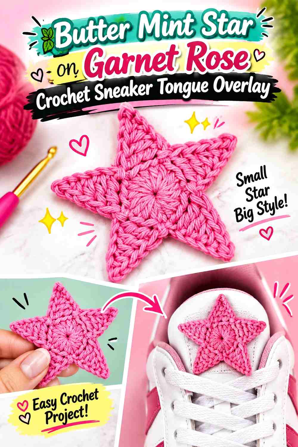 Butter Mint Star on Garnet Rose Crochet Sneaker Tongue Overlay