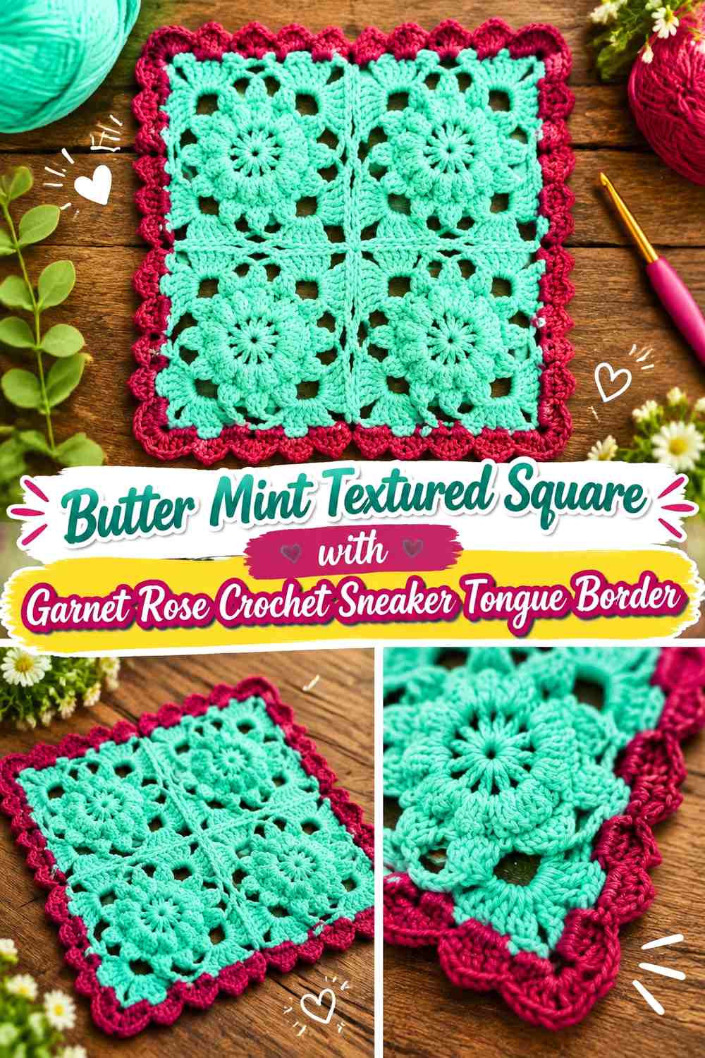 Butter Mint Textured Square with Garnet Rose Crochet Sneaker Tongue Border