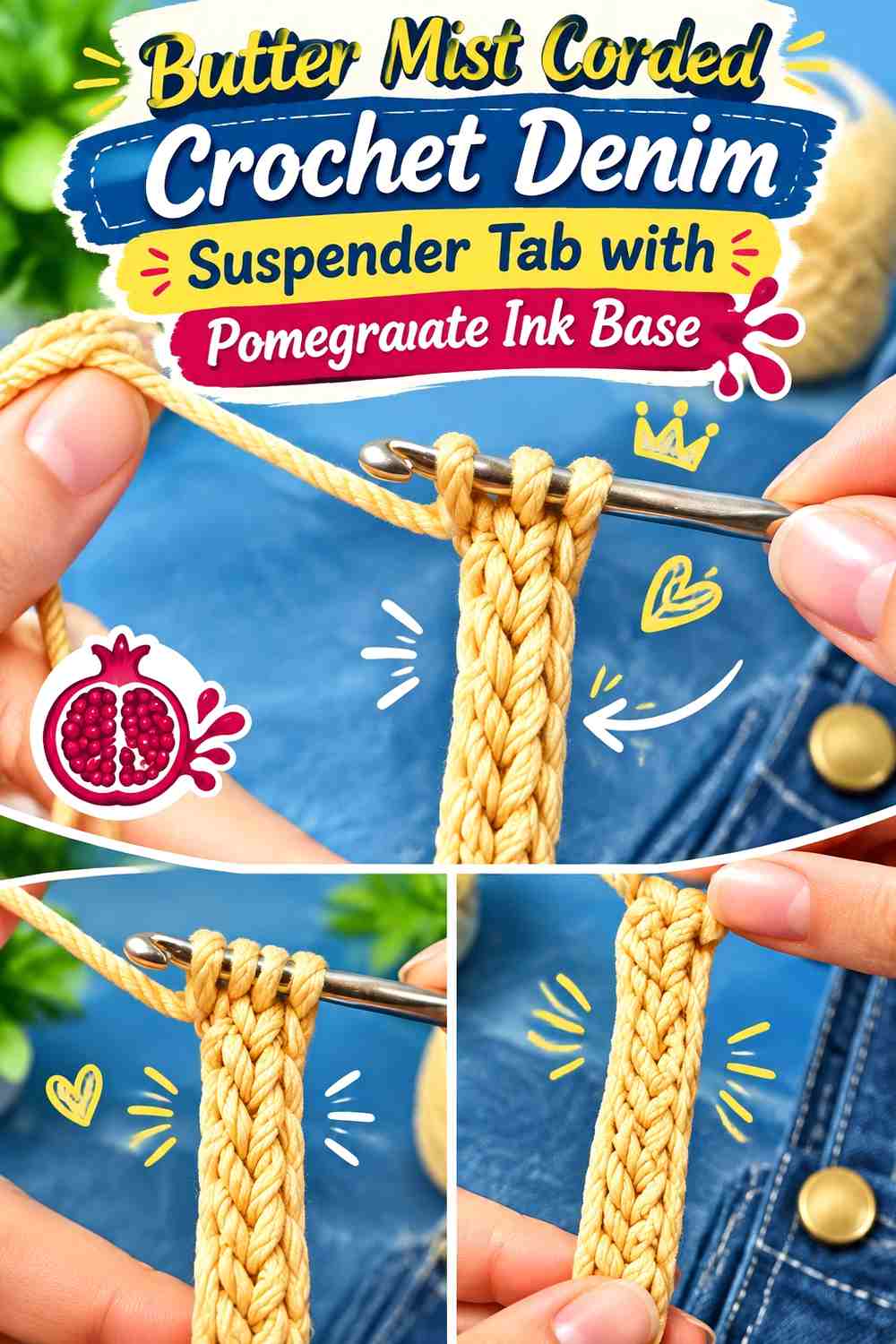 Butter Mist Corded Crochet Denim Suspender Tab with Pomegranate Ink Base
