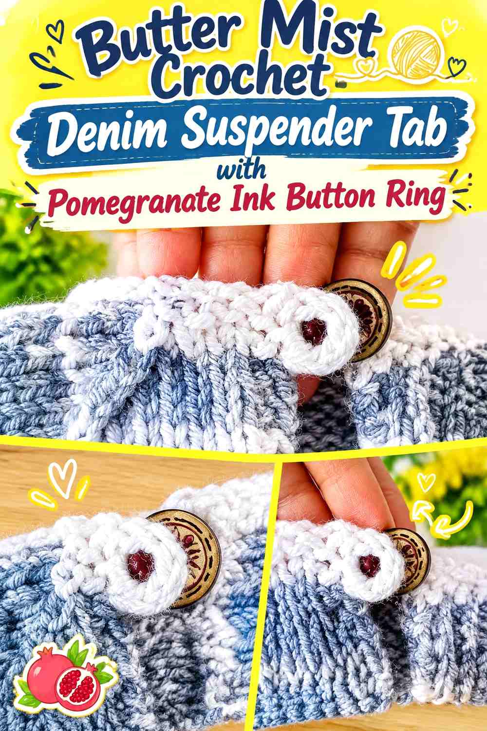 Butter Mist Crochet Denim Suspender Tab with Pomegranate Ink Button Ring