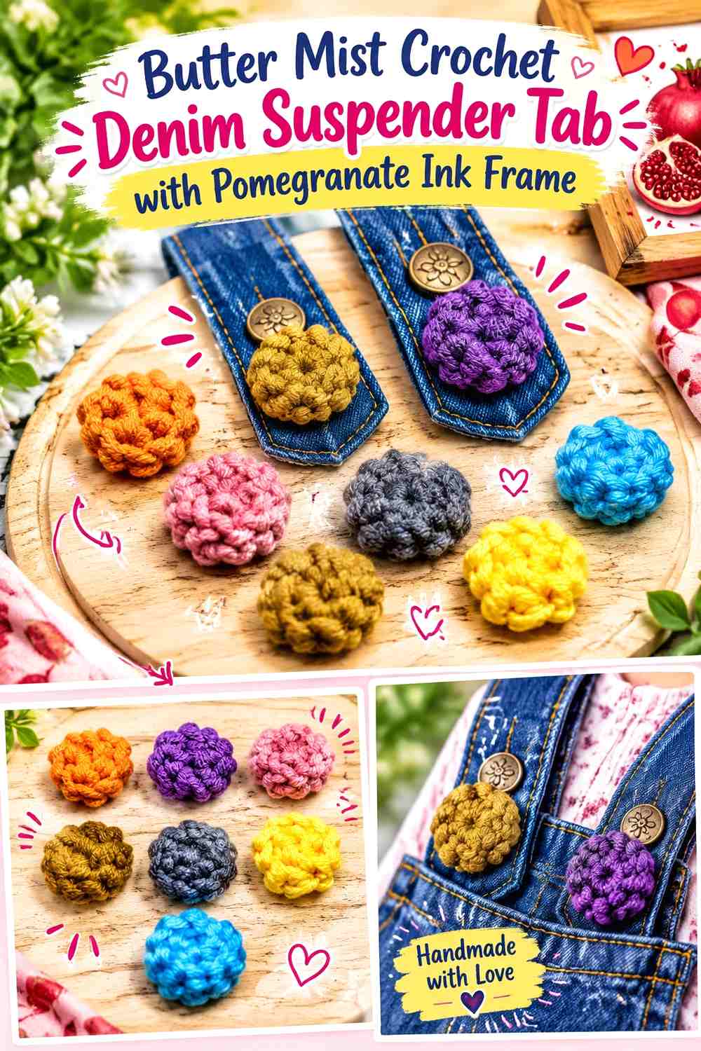 Butter Mist Crochet Denim Suspender Tab with Pomegranate Ink Frame