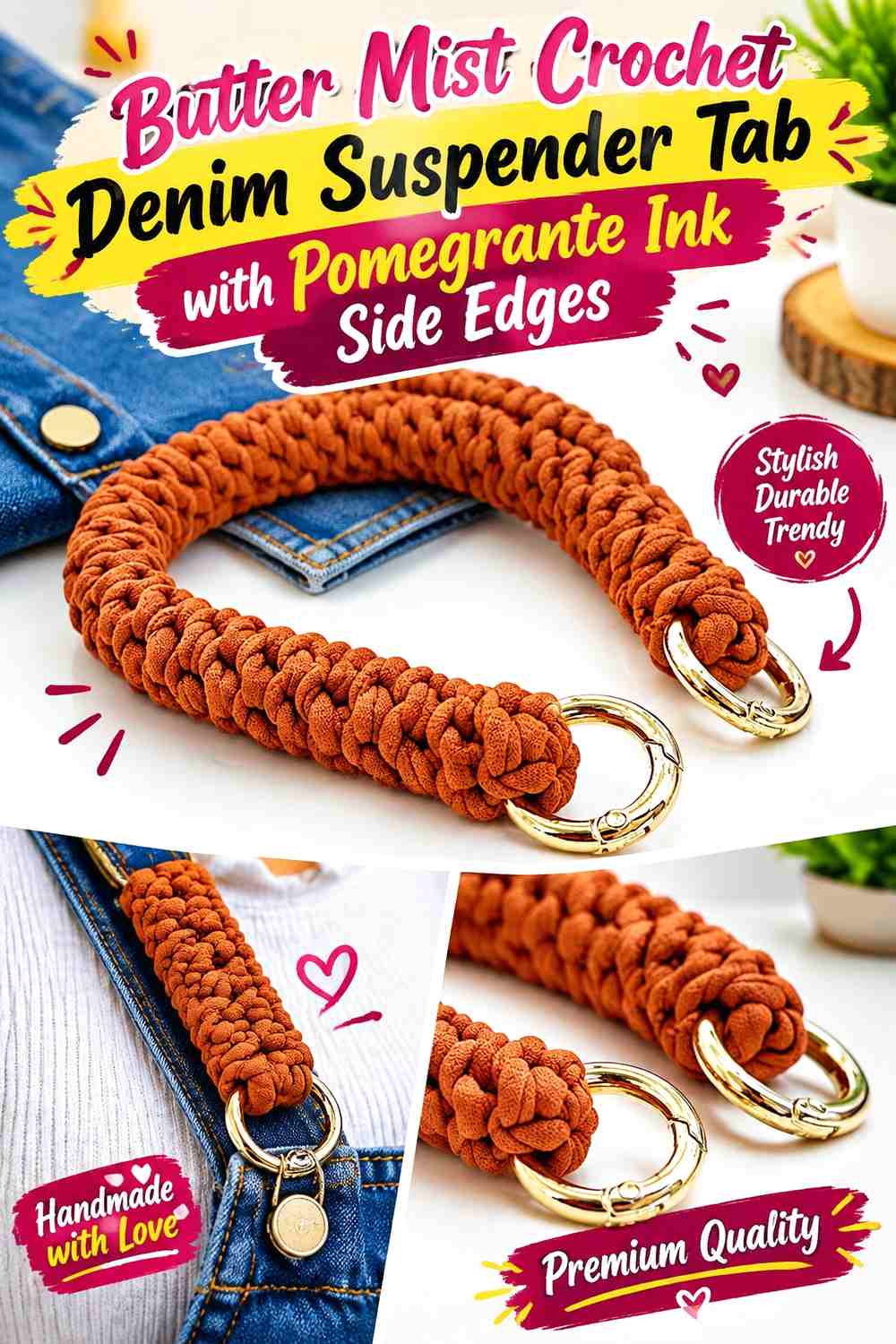 Butter Mist Crochet Denim Suspender Tab with Pomegranate Ink Side Edges