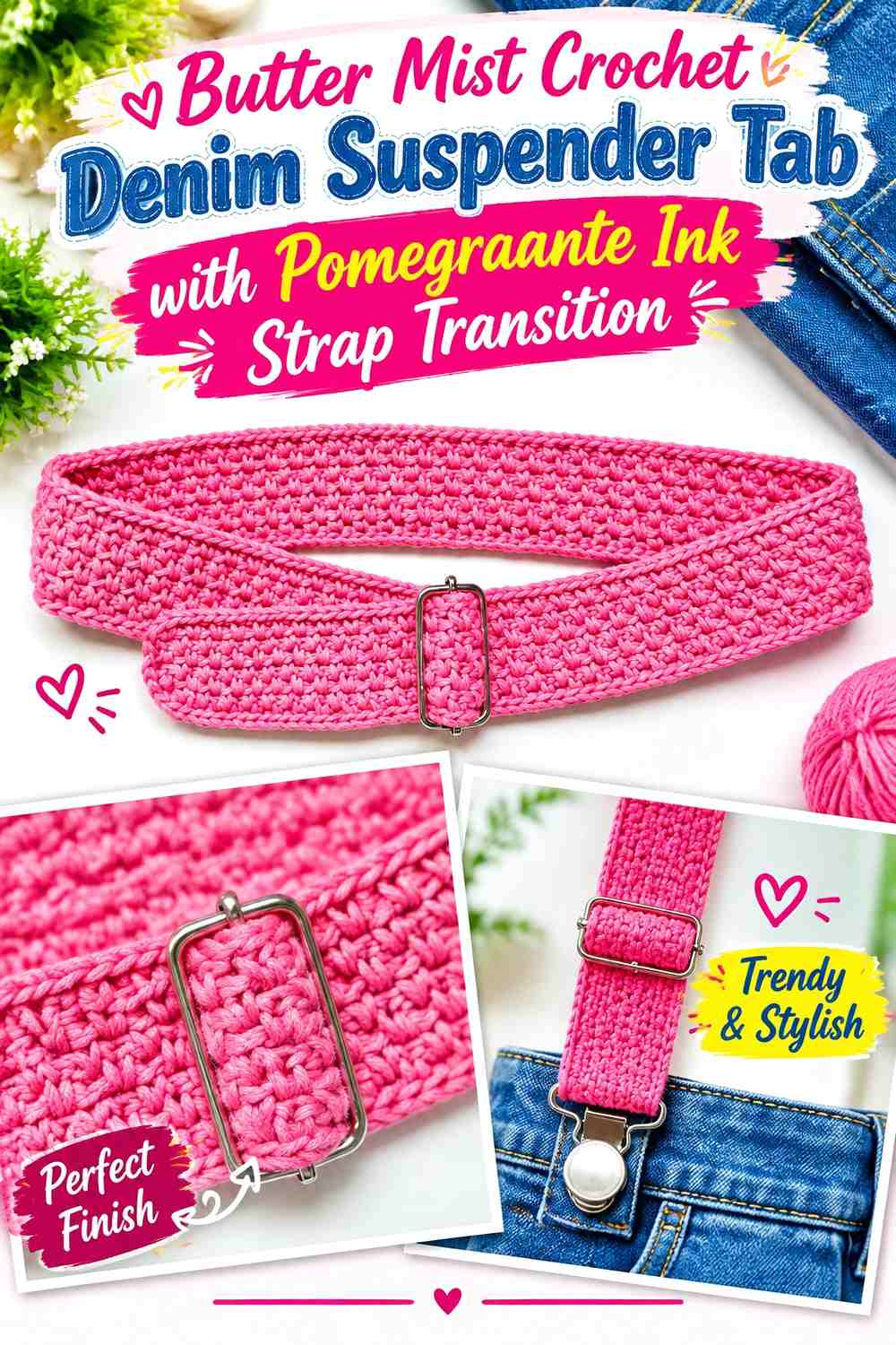 Butter Mist Crochet Denim Suspender Tab with Pomegranate Ink Strap Transition