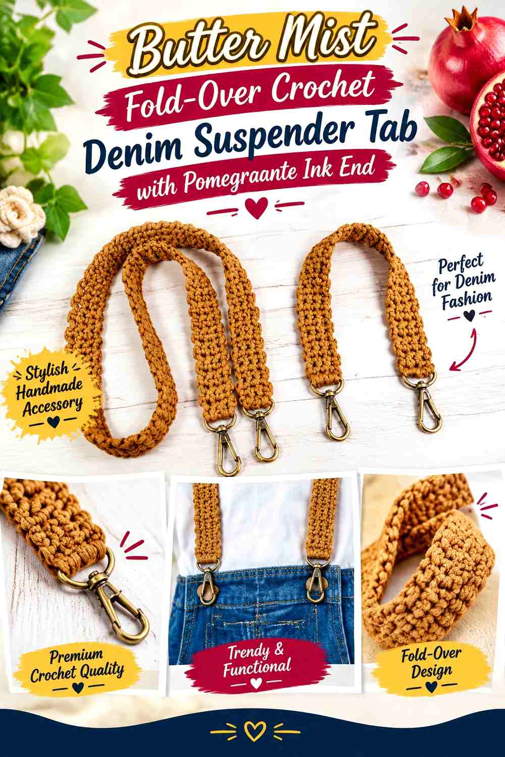 Butter Mist Fold-Over Crochet Denim Suspender Tab with Pomegranate Ink End