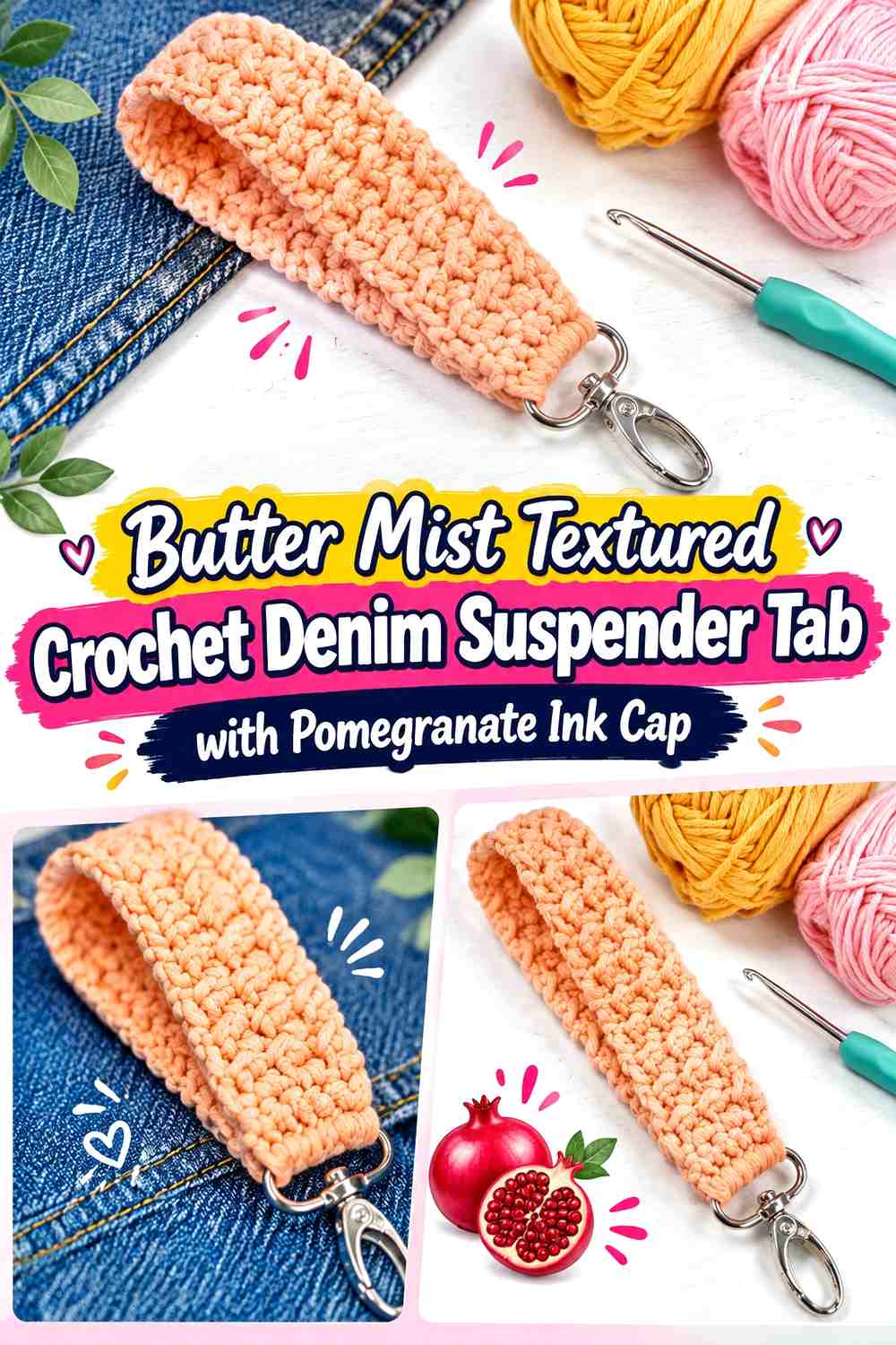 Butter Mist Textured Crochet Denim Suspender Tab with Pomegranate Ink Cap
