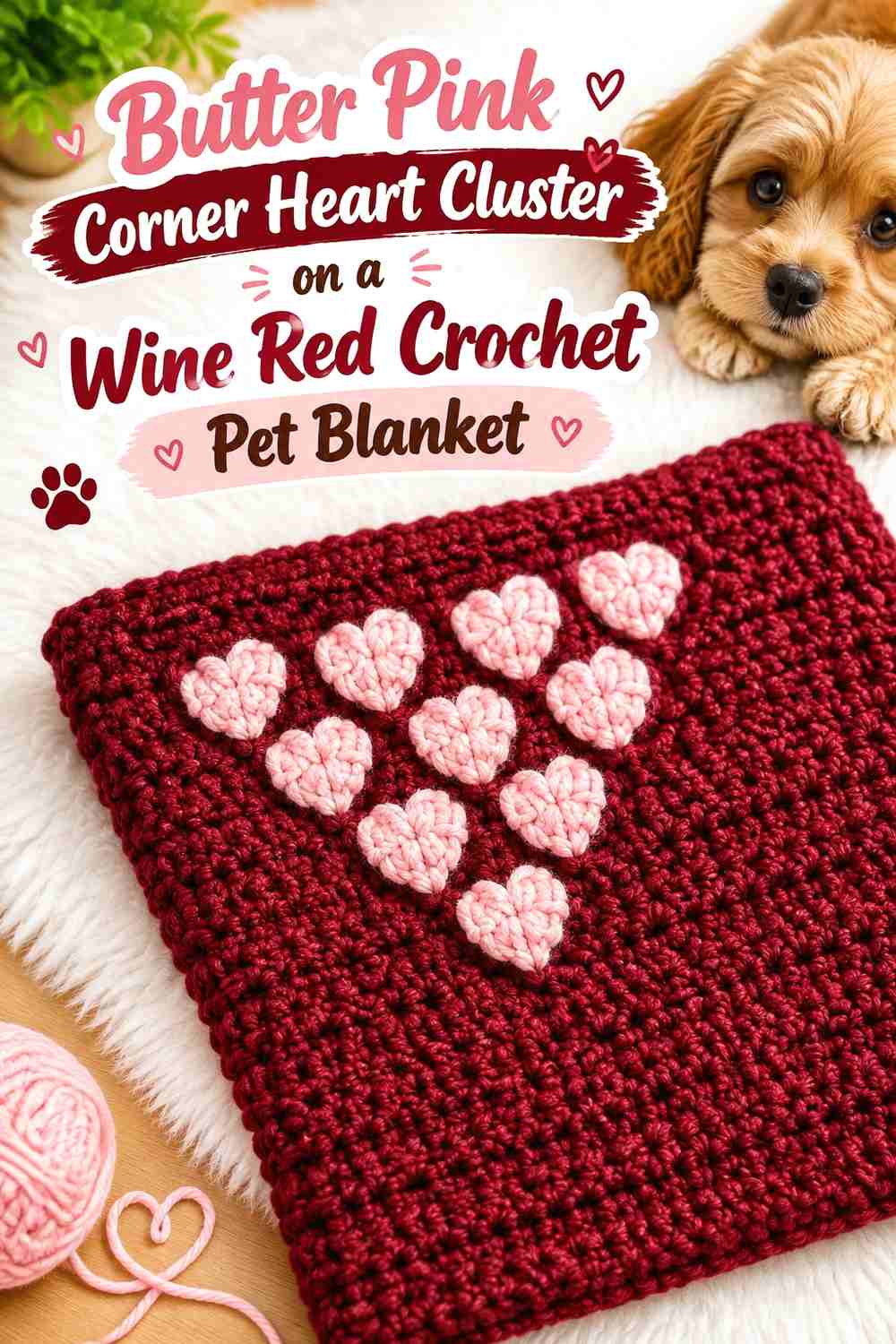Butter Pink Corner Heart Cluster on a Wine Red Crochet Pet Blanket