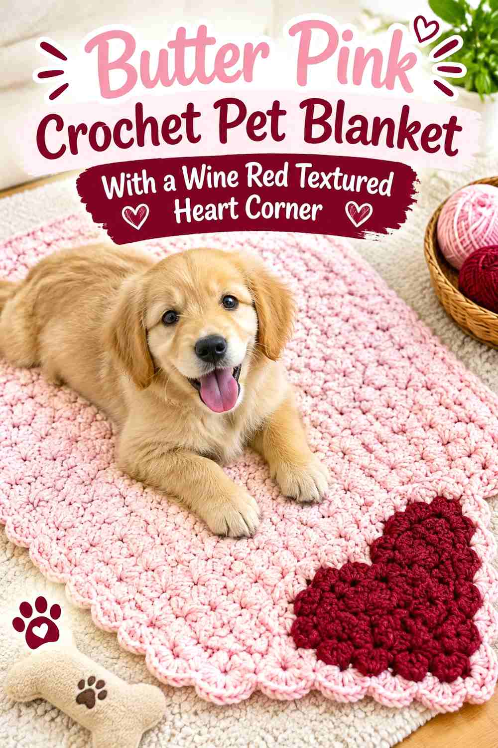 Butter Pink Crochet Pet Blanket With a Wine Red Textured Heart Corner