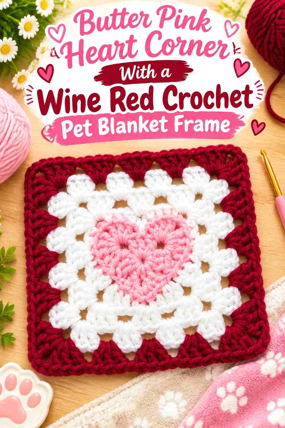 Butter Pink Heart Corner With a Wine Red Crochet Pet Blanket Frame