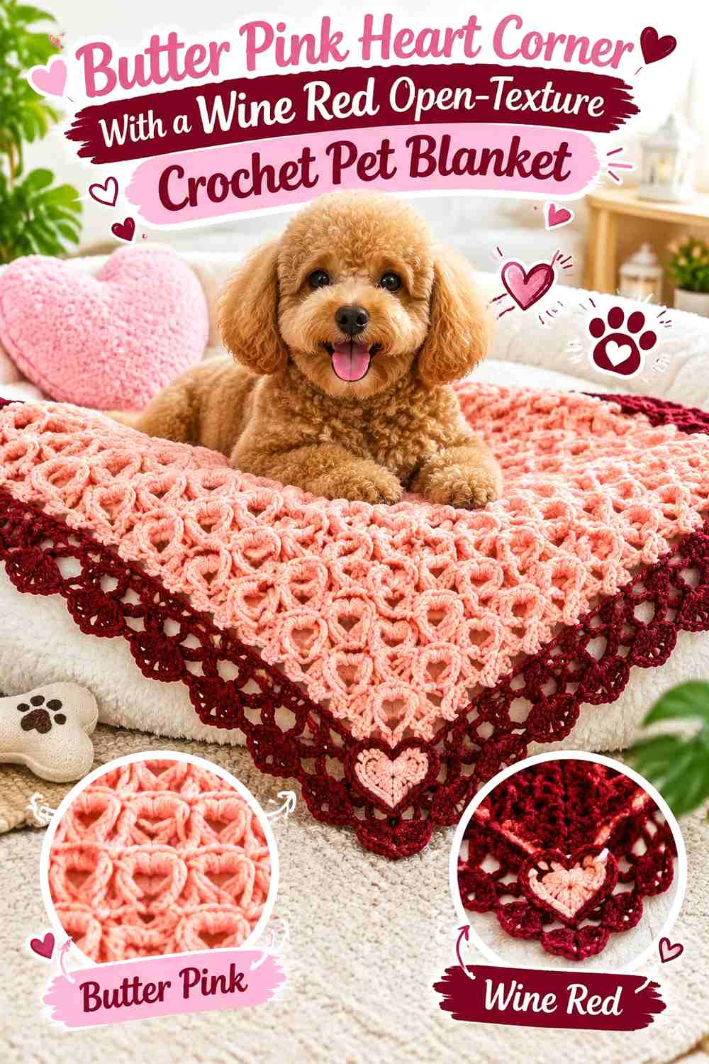Butter Pink Heart Corner With a Wine Red Open-Texture Crochet Pet Blanket