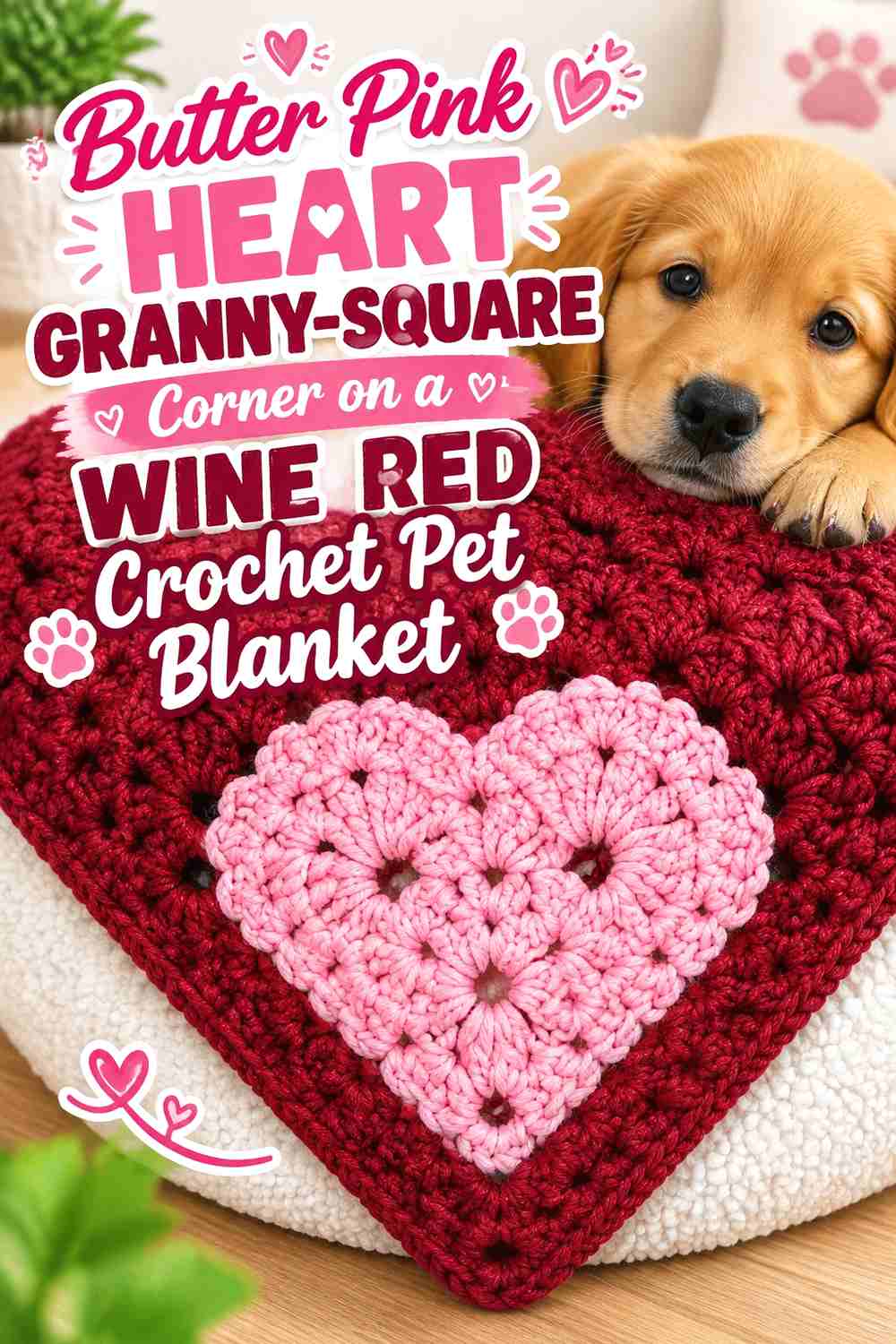 Butter Pink Heart Granny-Square Corner on a Wine Red Crochet Pet Blanket
