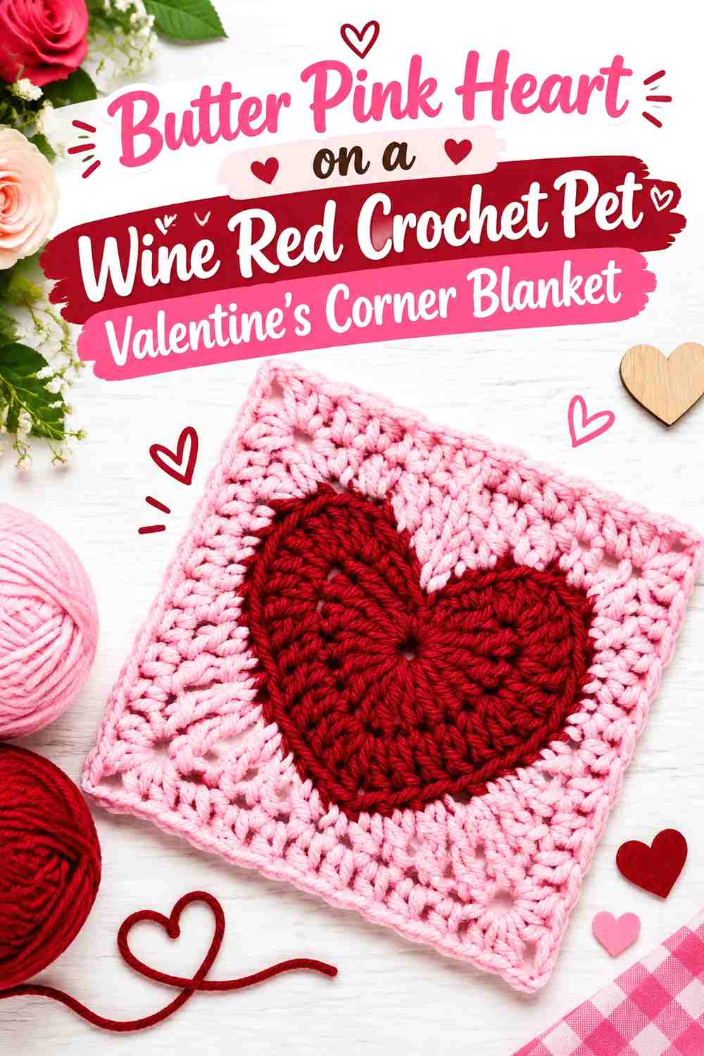Butter Pink Heart on a Wine Red Crochet Pet Valentine's Corner Blanket