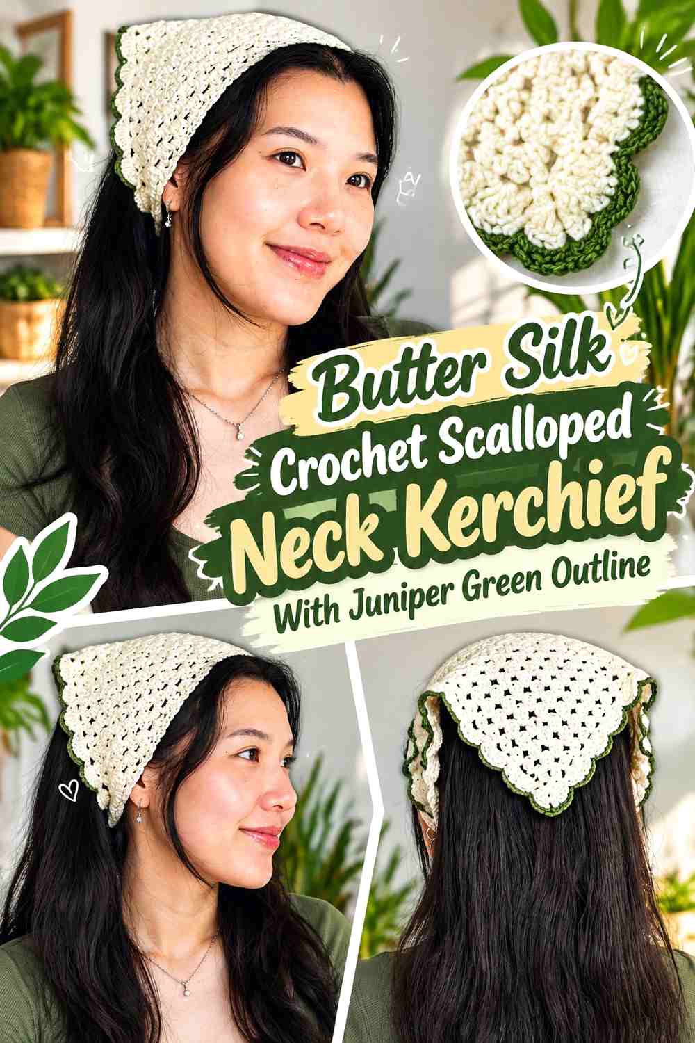 Butter Silk Crochet Scalloped Neck Kerchief With Juniper Green Outline