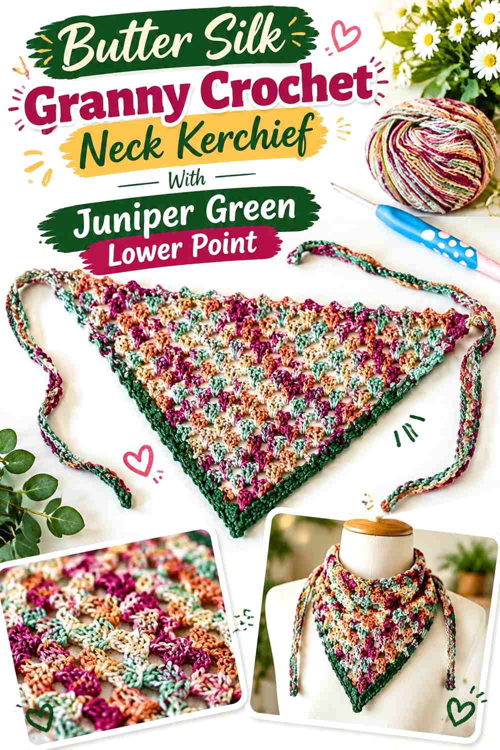 Butter Silk Granny Crochet Neck Kerchief With Juniper Green Lower Point