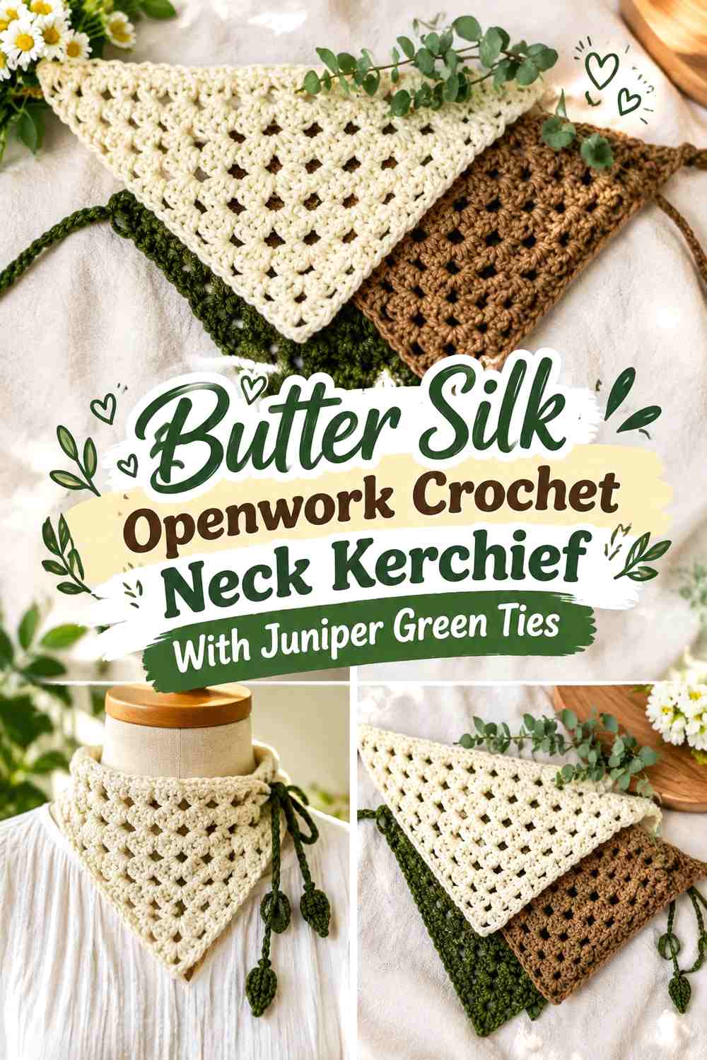 Butter Silk Openwork Crochet Neck Kerchief With Juniper Green Ties