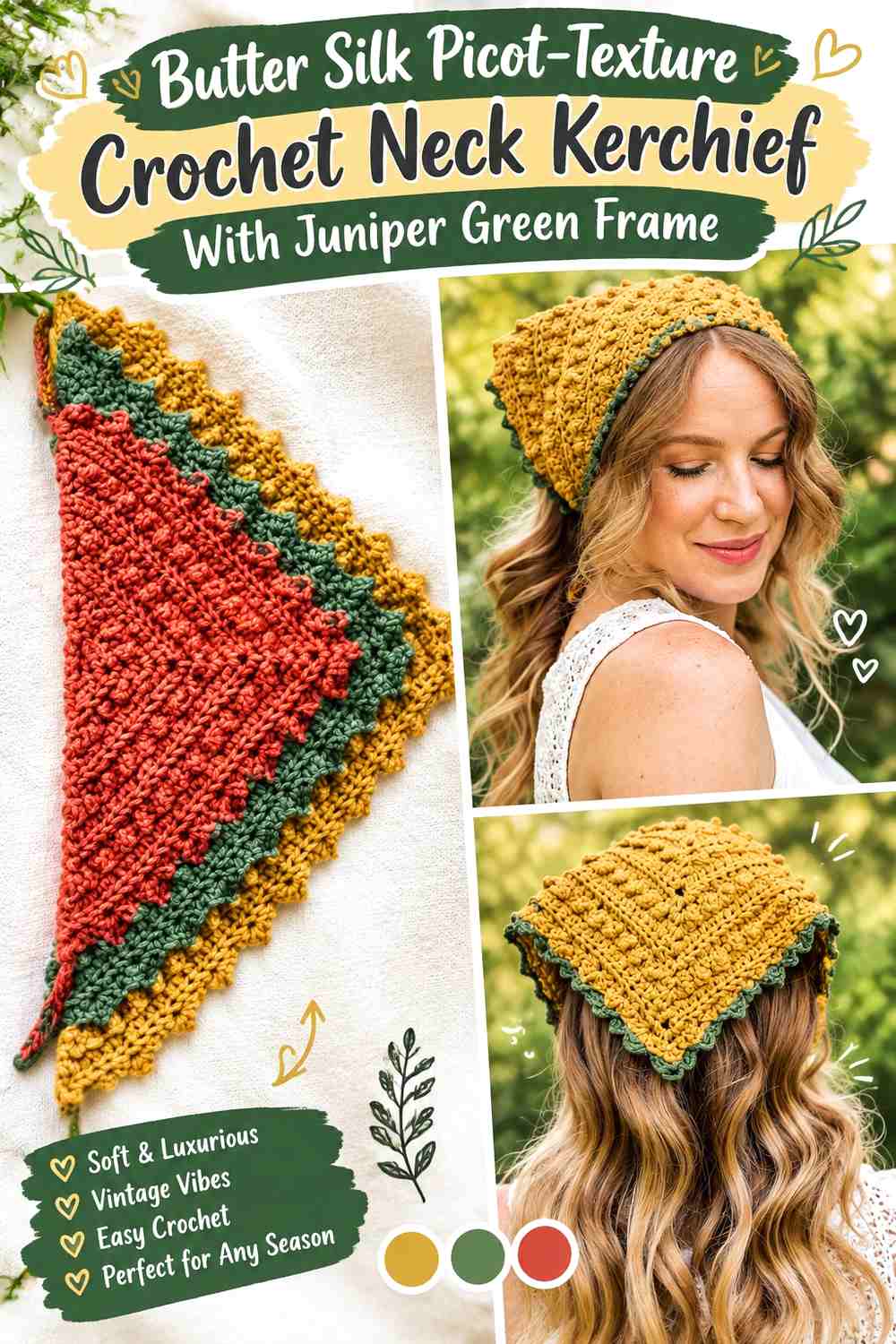 Butter Silk Picot-Texture Crochet Neck Kerchief With Juniper Green Frame