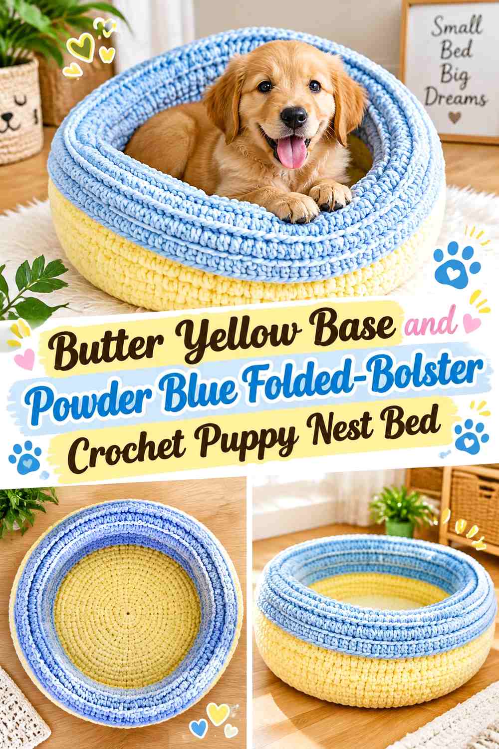 Butter Yellow Base and Powder Blue Folded-Bolster Crochet Puppy Nest Bed