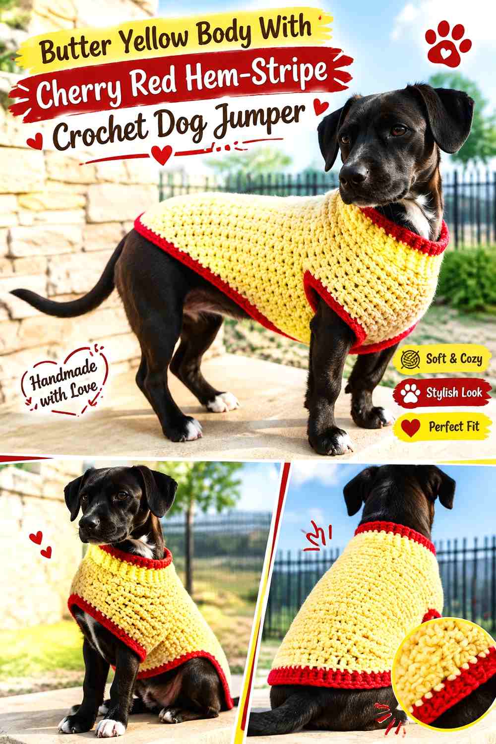 Butter Yellow Body With Cherry Red Hem-Stripe Crochet Dog Jumper