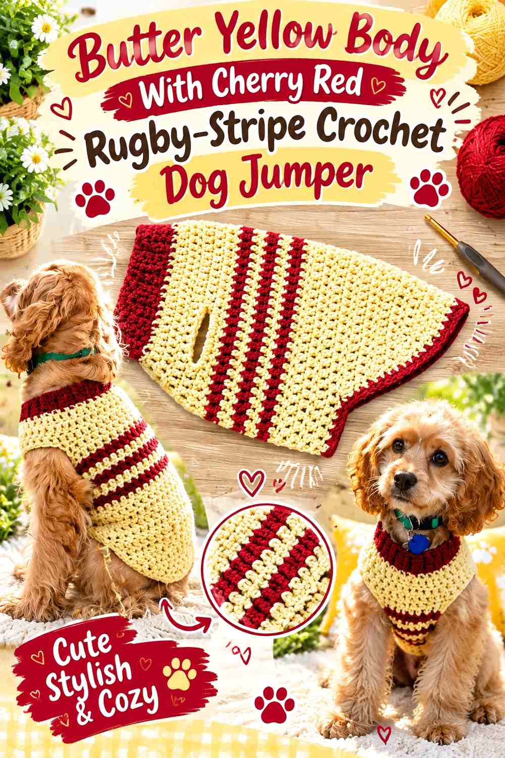 Butter Yellow Body With Cherry Red Rugby-Stripe Crochet Dog Jumper