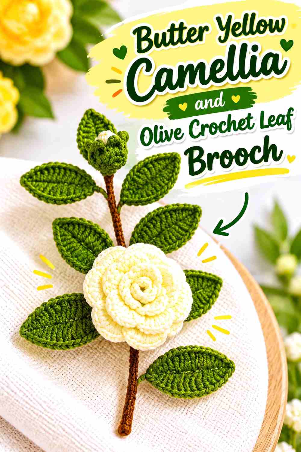 7. Butter Yellow Camellia And Olive Crochet Leaf Brooch