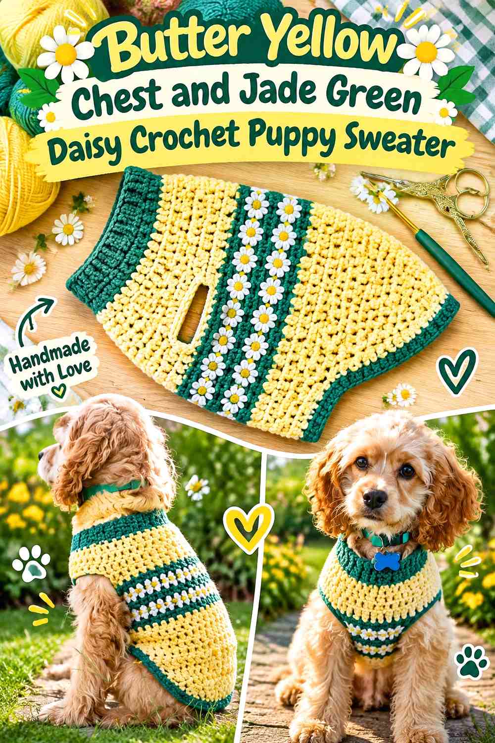Butter Yellow Chest and Jade Green Daisy Crochet Puppy Sweater