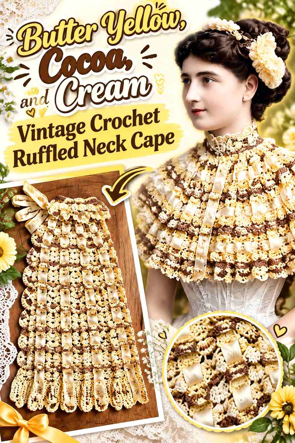 4. Butter Yellow Cocoa And Cream Vintage Crochet Ruffled Neck Cape