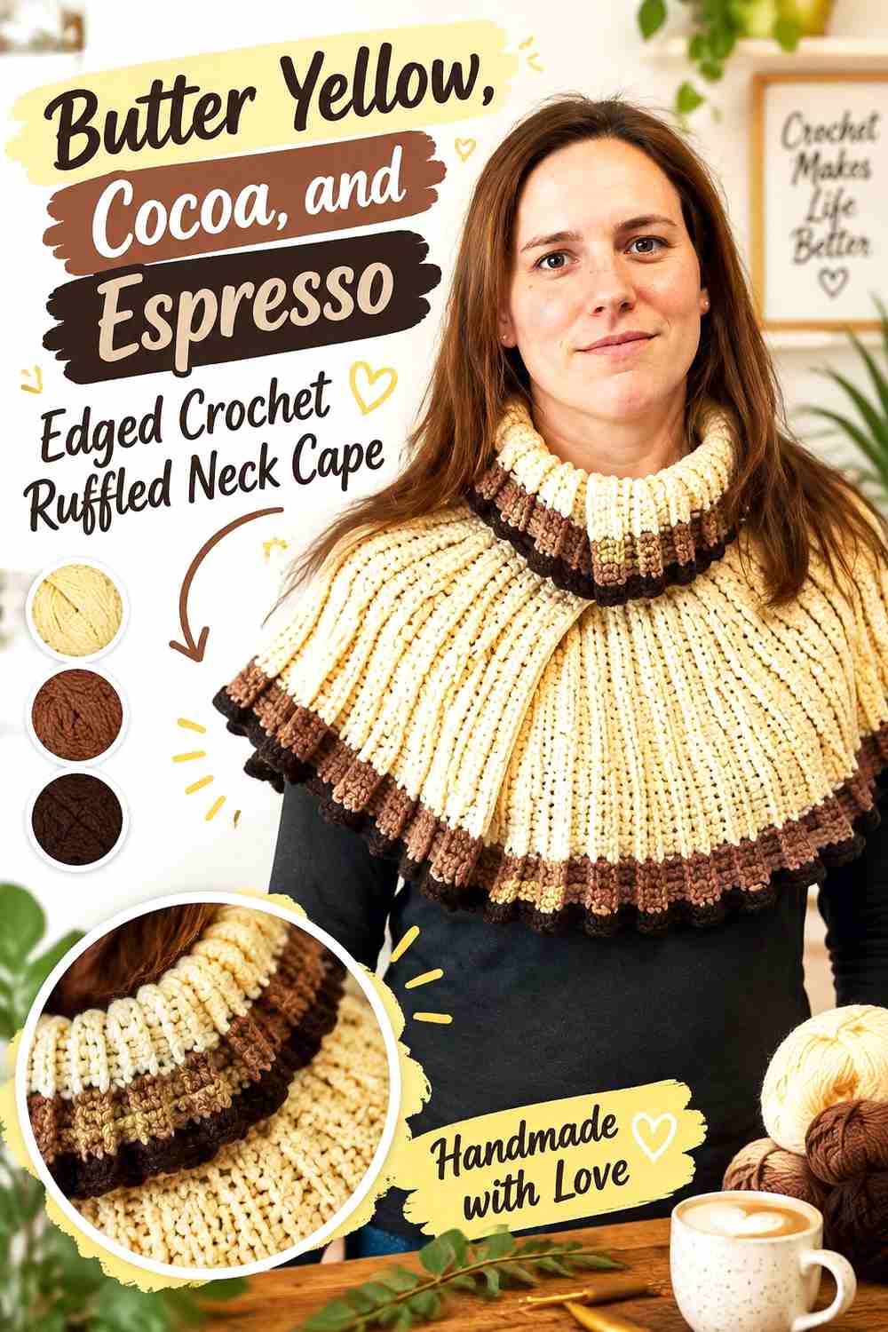 11. Butter Yellow Cocoa And Espresso Edged Crochet Ruffled Neck Cape