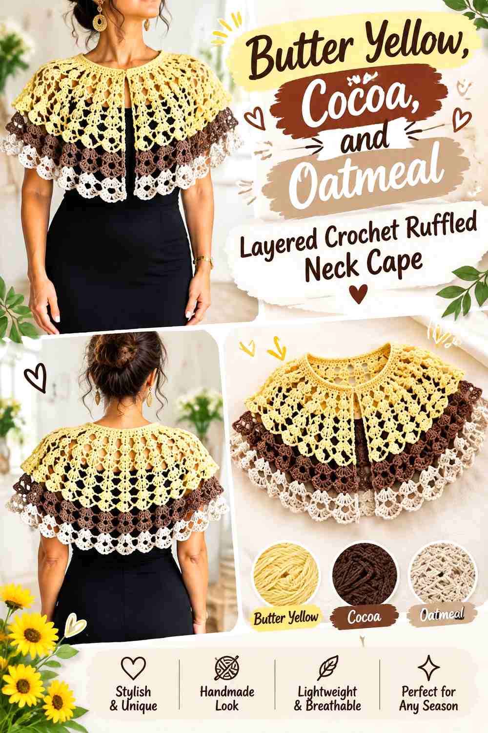 8. Butter Yellow Cocoa And Oatmeal Layered Crochet Ruffled Neck Cape