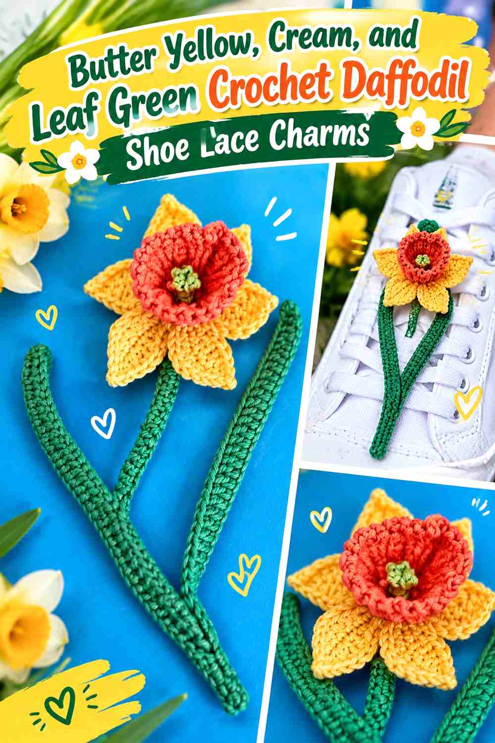 Butter Yellow, Cream, and Leaf Green Crochet Daffodil Shoe Lace Charms
